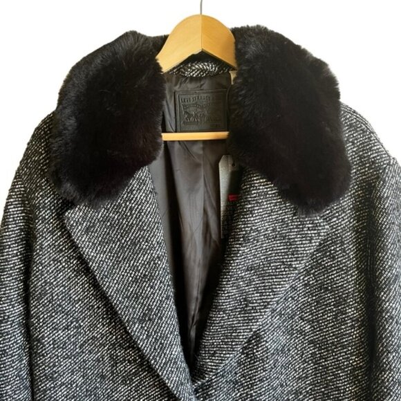 Levi’s Mari Coat XL Chunky Twill Salt And Pepper Black Faux Fur - Picture 4 of 15